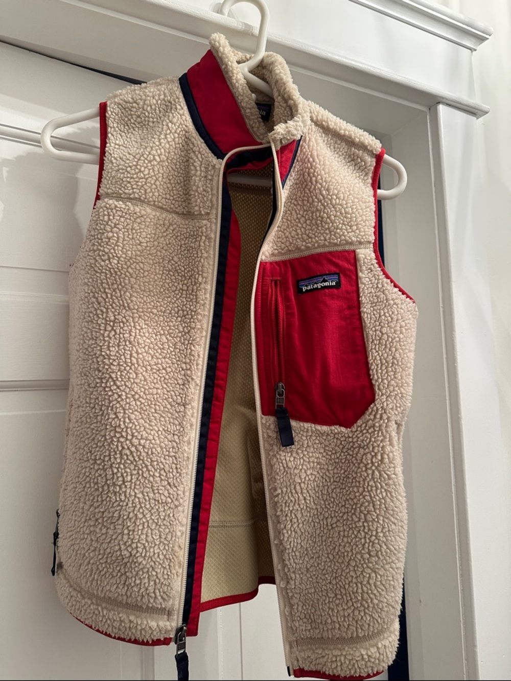 Patagonia Women’s Cream Sherpa Vest with Red Trim and Pocket